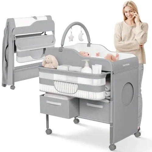 Luxury Baby Changing Table with Wheels - Modern Dresser Changing Tables w/Hanging Toys, Laundry Bag, Changing Table Organizer Boxes - Folding Waterproof Baby Diaper Changing Station for Nursery Room