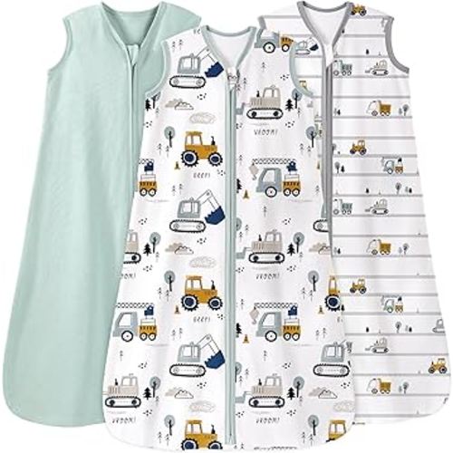 Baby Sleep Sack 0-6 Months 0.5 Tog Wearable Blanket Baby, 3 Pack 100% Cotton Lightweight Sleeping Sack with 2-Way Zipper for Newborn Infant Excavator