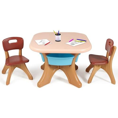 Costzon Kids Table and Chair Set, 3 Piece Activity Table w/Detachable Toy Storage Bin & 2 Chairs for Children Reading Art Craft, Strong Bearing Capacity, Lightweight, Toddler Table & Chair Set, Coffee