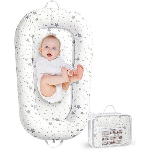 Baby Lounger for Newborn 0–24 Months, Portable Infant Seat with Ergonomic Support, Breathable Cotton Baby Chair for Tummy Time, Diaper Changes, and Travel Use (Stellar)