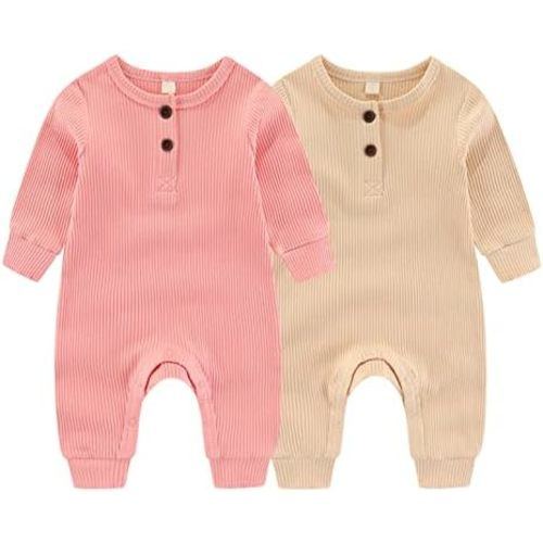 ZAV Solid Unisex Baby Boy Girl Rompers 2 Pack Long Sleeve Jumpsuits Infants Clothes Outfits