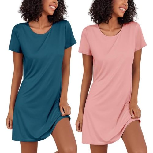 Ekouaer 2 Pack Nightgowns for Women Sleapwear Short Sleeve Night Shirts Soft Sleep Dress Classic NightDress S-XXL