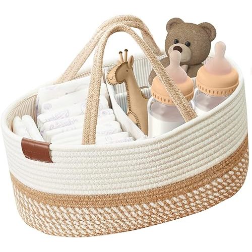 DECOMOMO Diaper Caddy Organizer, Nappy Caddy, Woven Baby Basket (Spiral Beige & White, Large)