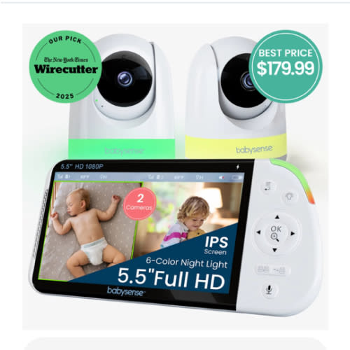 Babysense Max View PRO: Full HD Video Baby Monitor with 2 HD Cameras, Split Screen, Non Wifi, Night Light & Sound Machine