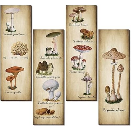 4 Pack Mushroom Wall Decor Vintage Wooden Art Sign Rustic Mushroom Kitchen Decor Fungus Aesthetic Poster for Bedroom, Dining Room, Living Room, Office(15.7 x 5.2 Inch)