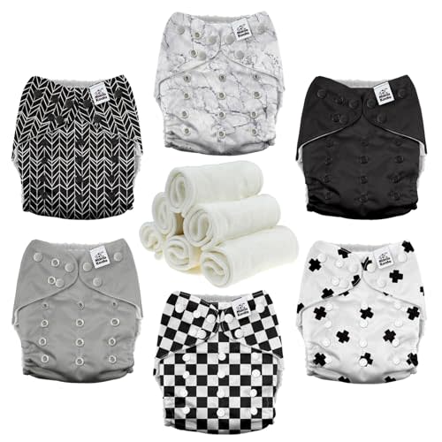 Mama Koala 3.0 Pocket Cloth Diapers for Babies with AWJ Lining, 6 Pack with 6 4-Layer Natural Cloth Diaper Inserts - Reusable and Washable Pocket Diapers (Black and White)