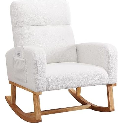 Rocking Chair Nursery,Teddy Rocker Nursing Chairs with Wood Legs & Side Pocket, Comfortable Glider Roking Chair for Nursery, Living Room, Bedroom, Sherpa White