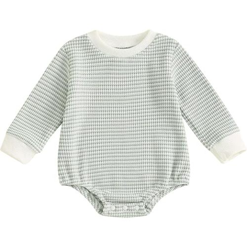 VISGOGO Unisex Baby Boy Girl Striped Romper Waffle Long Sleeve Bubble Oversized Romper Bodysuit Top Fall Onesie Clothes