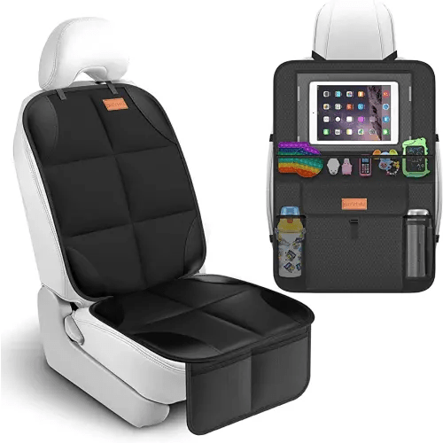 Backseat Car Organizer Kick Mat with Storage Pockets, Large Waterproof Baby Car Seat Protector for Leather and Fabric (Black)
