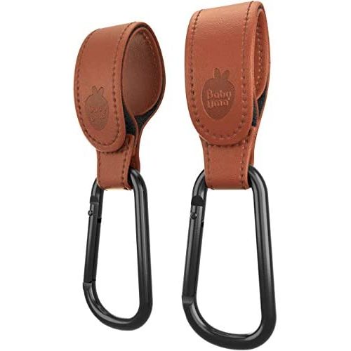 Brown Leather Style Stroller Hooks - Award-Winning Stroller Clips for Bags - MadeForMums & Lovedbyparents Award-Winning Stroller Bag Hook - 2-Pack by Baby Uma