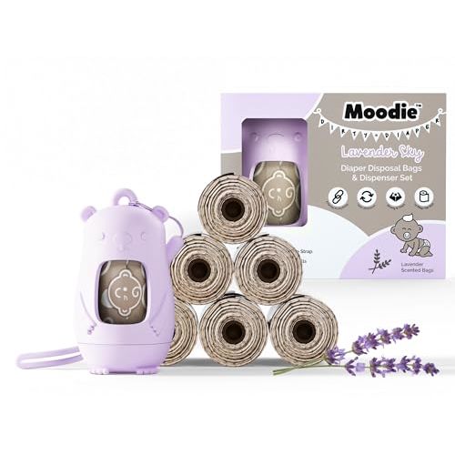 Moodie Disposable Diaper Bags Dispenser COMBO PACK |105 LAVENDER SCENTED Baby Poop Bags TOTAL & 1 Diaper Disposal Bag Dispenser | Dirty Diaper Trash Bags on the Go