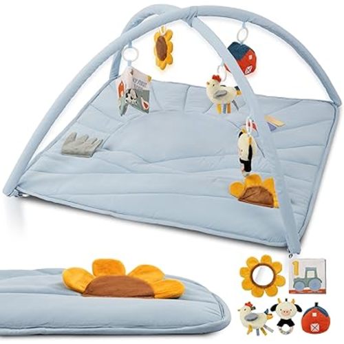 Beautiful Baby Play Gym and Tummy Time Mat - Soft Mat with 5 Farm Toys Creates The Perfect Activity Area for Your Girl/Boy - Stylish Infant Floor Playmat Fits Nicely with Any Playroom Decor