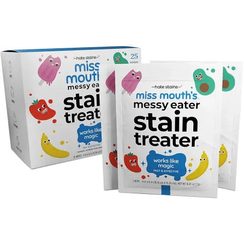 Miss Mouth's Messy Eater Stain Treater Wipes - 25 Pack Stain Remover - Newborn & Baby Essentials - No Dry Cleaning Food, Grease, Coffee Off Laundry, Underwear, Fabric