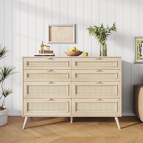8 Drawer Double Dresser for Bedroom,47.24" Wide Wooden Rattan Chest of Dressers with Golden Handles Clothes Storage Cabinet Modern Farmhouse Sideboard for Closet,Living Room,Hallway,Entryway,Natural