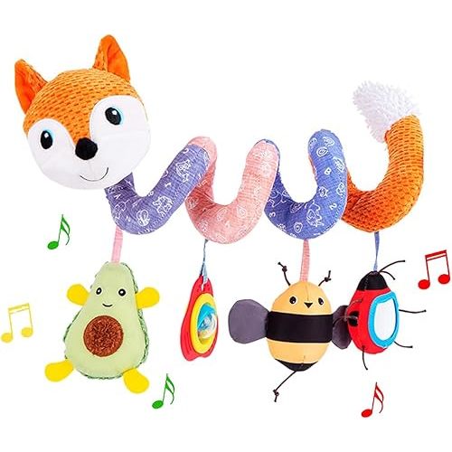 Car Seat Toys, Baby Plush Spiral Hanging Toys for Stroller Crib Bar Bassinet Car Seat Mobile with Music Box BB Squeaker Rattles- Orange Fox