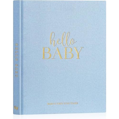 Lanpn Hello Baby First 5 Year Memory Book for Boy Girl - Linen Hardcover Baby Book Keepsake for New Parents - Newborn Baby Journal Scrapbook Photo Album Baby Milestone Book (Blue, 154 Pages)