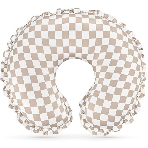 DILIMI Nursing Pillow Cover, Removable Ruffled Pillowcase for Breastfeeding Pillows, Ultra Soft Comfortable Slipcover for Baby Girl and Boy, Coffee Gingham