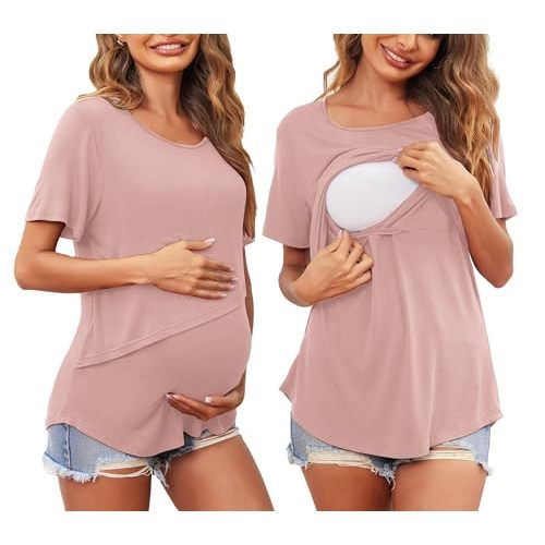 Ekouaer Women Short Sleeve Nursing Shirts Soft Maternity Tops Double Layer Breastfeeding Blouse Round Neck Pregnancy Clothes