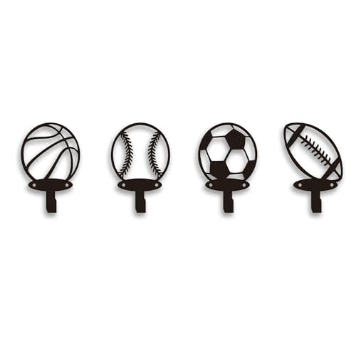 Xedatric 4-Pack Sports Wall Decor – Multi-Theme Coat Hooks for Boys Bedroom, Nursery, Sports Room – Includes 8 Screws, Perfect for Football, Basketball, Baseball, Rugby Fans