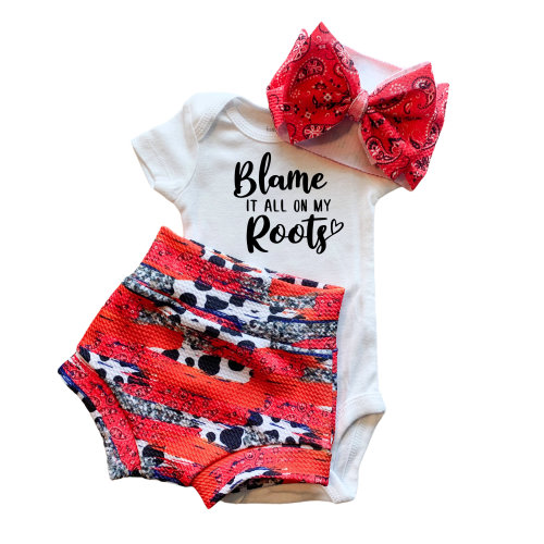 Western Brushstroke Baby Bummies and Bodysuit Set, Cow Print Baby Girl Outfit. Blame It All On My Roots Country Music Shorts And Bodysuit