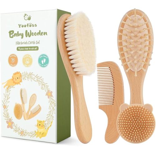Yoofoss 4 Piece Baby Brush and Comb Set, Wooden Baby Brush