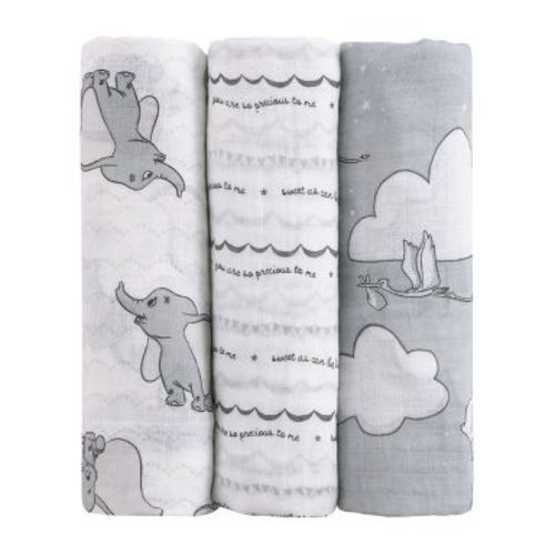 NoJo Disney Dumbo Gray and White 3 Piece Muslin Swaddle Baby Blanket Set