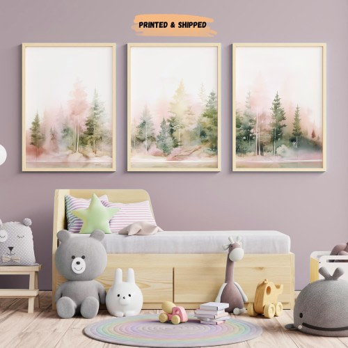 LakelzDecor Pink Forest nursery art prints, Set of 3, Woodland nursery wall art, Watercolor tree nursery decor, adventure sage green & pink