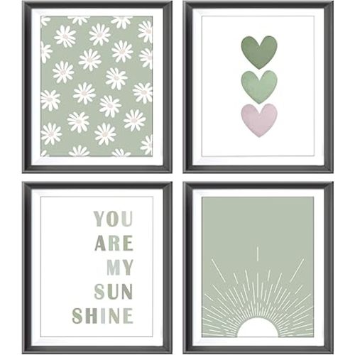 You are My Sunshine Boho Sage Green Sun Sunshine Daisy Flower Hearts Poster Prints for Girls Kids Room Nursery Playroom Decor,Inspirational Quote Decorations Prints Wall Art Unframed 4pcs 8x10inches
