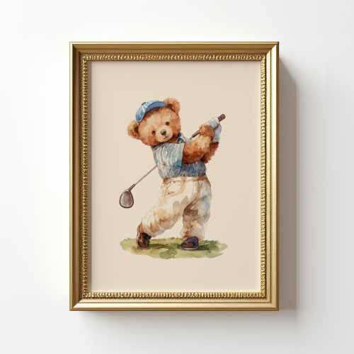 Vintage Golf Teddy Bear Wall Art, Watercolor Illustration of Bear in Retro Outfit, Nostalgic Wall Decor for Kids Room or Golf Enthusiasts