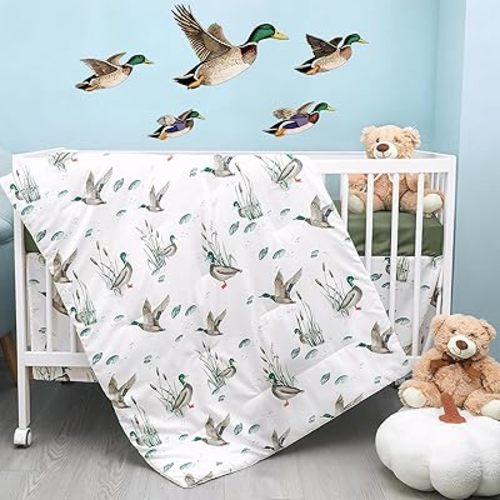 SmoothNovelty 5 Pcs Mallard Duck Crib Bedding Set Include Print Crib Sheets Bed Skirt Comforter Pad Cover Wall Stickers for Boys Girls Duck Nursery Room Decoration