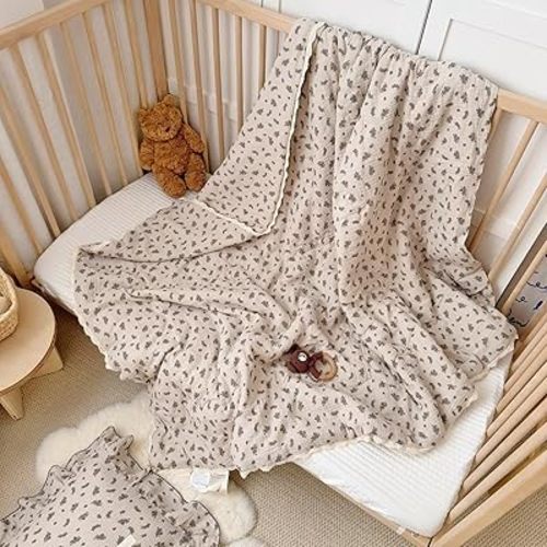 BuLuTu Vintage Orchid Flower Print Toddler Blanket Quilt with Chic Lace Edges, Soft Breathable Cotton Muslin Crib Blanket Toddler Bed Blankets Lightweight Kids Comforter, 47x59 Inches