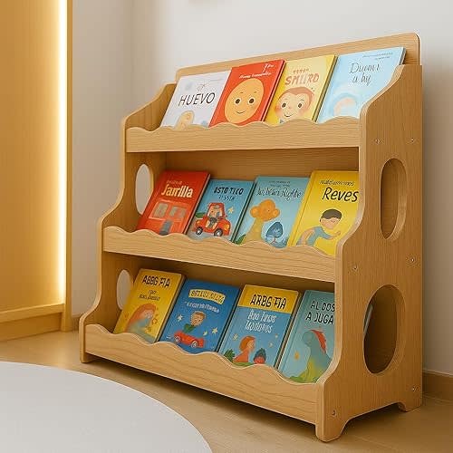 Kids Book Shelf Wooden Montessori Bookshelf Dutch Design 3Tier Scalloped,NaturalMapleWood Pattern