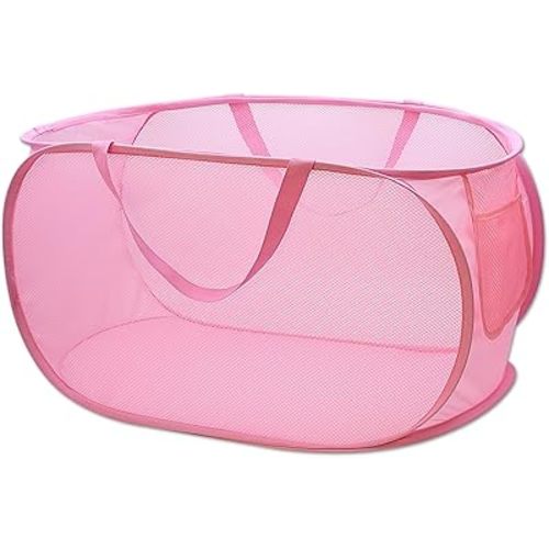 Sturdy Mesh Laundry Hamper Basket Bag,Pop up Basket with Side Pocket for Laundry Room, Bathroom, Kids Room, College Dorm or Travel (Pop Horizontal, Pink)