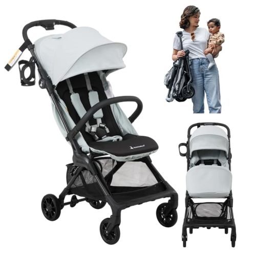BabbleRoo Hoplite Compact Stroller – Lightweight Travel Stroller for Airplane (12.3 lbs), from Birth to 55 lbs, Easy Fold, PU Wheels, Alloy Frame, Near-Flat Recline, Cup Holder, Baby Stroller