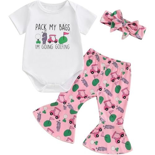 Toddler Baby Girl Golf Outfits I'm Going Golfing Letter Sweatshirt/Romper Flare Pants Headband 3Pcs Golf Baby Set