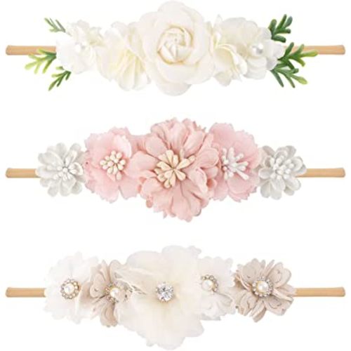 mligril Baby Girl Nylon Headbands Flower Hair Bows Accessories-Elastic Hair Band Crown Handmade FLoral Wraps Birthday Gifts for Girls Newborn Infant Toddler 3Pcs