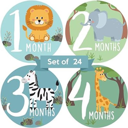 Baby Monthly Stickers | Zoo Animals Baby Milestone Stickers | Jungle Newborn Boy or Girl Stickers | Month Stickers for Baby Boy | Gender Neutral | Unisex Safari Newborn Monthly Milestones (Set of 24)