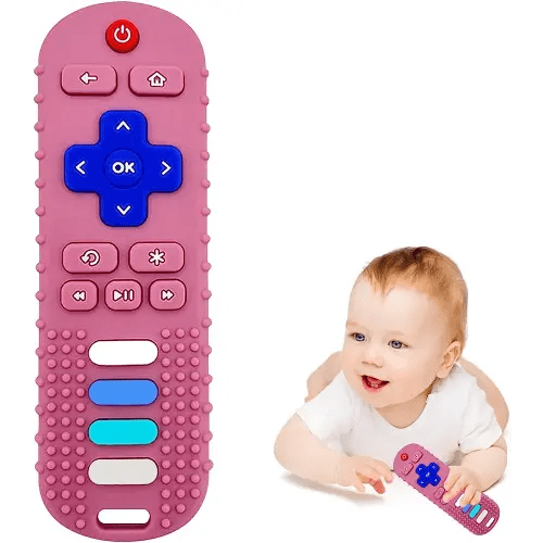 Baby Teething Toys, Food Grade Silicone Teether for Babies 3 6 12 18 Months, TV Remote Shape Toddlers Chew Toys, Freezer BPA Free (Pink RC)