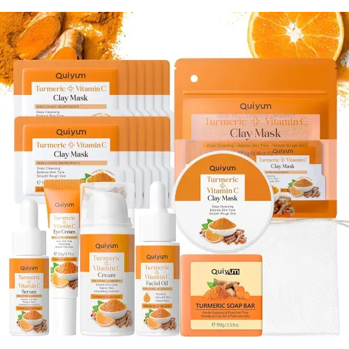 Skin Care Set, Turmeric Vitamin C Beauty Gift Sets, Skincare Kit with Serum, Eye Cream, Cream, 2 Type Mud Mask, Soap, Facial Oil Travel Kit for Women Teens Girls, Improve Dark Spot, Reduce Acne