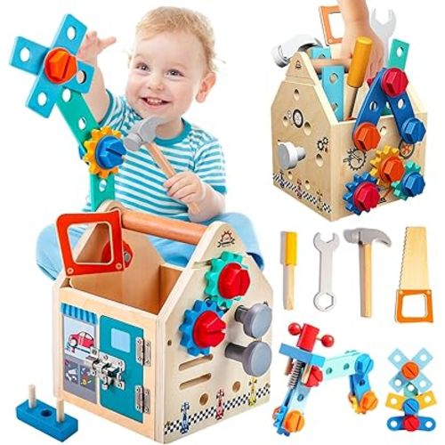 Montessori Toddler Tool Set - 33 PCS Wooden Kids Tools with Box / Bench, Montessori Educational Pretend Play Preschool Toys Gifts for 2 3 4 5 Year Old Boy Girl Kids, STEM Fine Motor Skills Tool Set