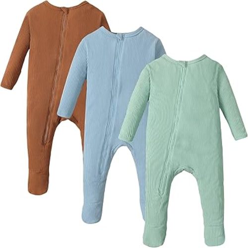 OPAWO Newborn Footie Pajamas with Mitten Cuffs Double Zipper Sleepers Baby Boy Girl Onesie Footed One-Piece Romper 0-6 Months