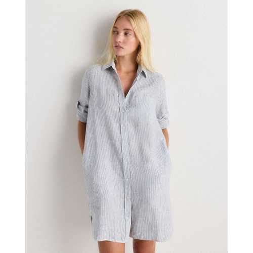 100% European Linen Shirt Dress in Blue Pinstripe