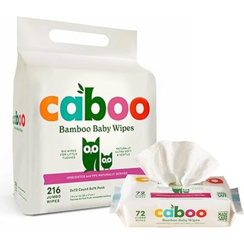 Caboo Baby Wipes, 216 Count, Unscented, Eco-Friendly, Made with Bamboo Viscose, Free from Harsh Chemicals, Plant-Based, Sensitive Skin Formula, BRC, FSC, FDA and ISO Accredited