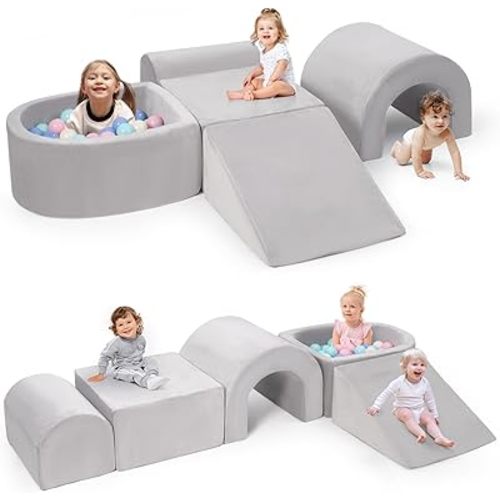 Foam Climbing Blocks for Toddlers, 5-Piece Tunnel Climber and Crawl Playset, Indoor Activity Play with Ball Pit, Machine Washable Velvet Cover, Soft Climbing Toy for Kids 1-3 (Gray)