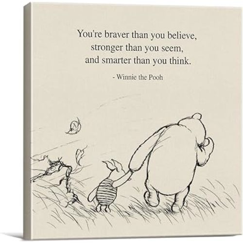 Classic Winnie the Pooh Quote Wall Art Decor Retro Braver Stronger Smarter Positive Sayings Canvas Painting Pictures Framed Print Sign Artwork Ready to Hang (8x8 Inches)