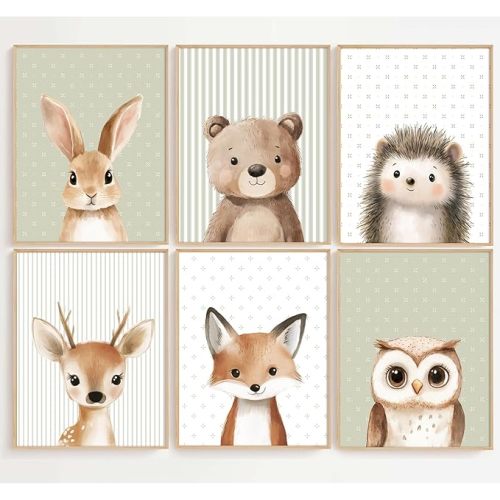 Woodland Animal Nursery Wall Art Decor Baby Kids Canvas Poster Safari Animal Wall Decor Jungle Forest Prints Bear Fox Deer Pictures Sage Green Painting Neutral Artwork for Bedroom 8x10x6 Inch Unframed