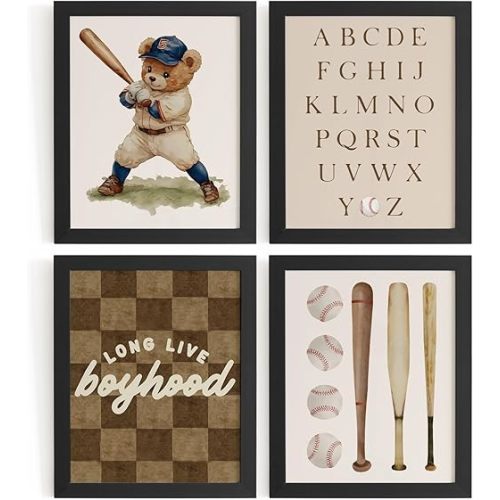 WXHUM Vintage Nursery Boys Room Playroom Decor Baseball Sports Wall Art Prints Set of 4, Boyhood Bear Sports Baseball Alphabet Posters for Nursery Toddler Boy Kid Playroom, 8x10 inch Unframed Brown
