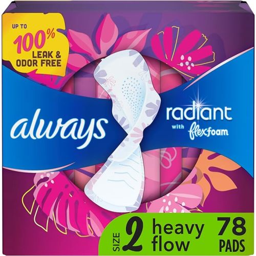 Always Radiant Feminine Pads For Women, Size 2 Heavy Flow Absorbency, Multipack, With Flexfoam, With Wings, Light Clean Scent, 26 Count x 3 Packs (78 Count total)