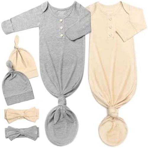 Baby Noah Newborn Knotted Gown Set with Hat and Headband - Buttery Soft Tie Bottom Gown for Baby's Sweet Dreams (2 Packs)