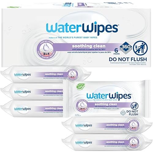 WaterWipes Soothing Clean Baby Wipes, 99% Water-Based Formula with Botanical Extract to Soothe & Protect Skin, Unscented & Hypoallergenic, 360 Count (6 Packs)
